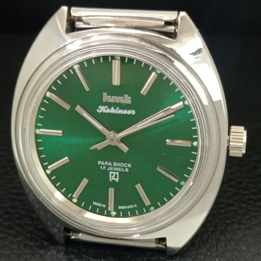 Vintage 1970 HMT Manual Wound Mens Silver Watch & Green accents